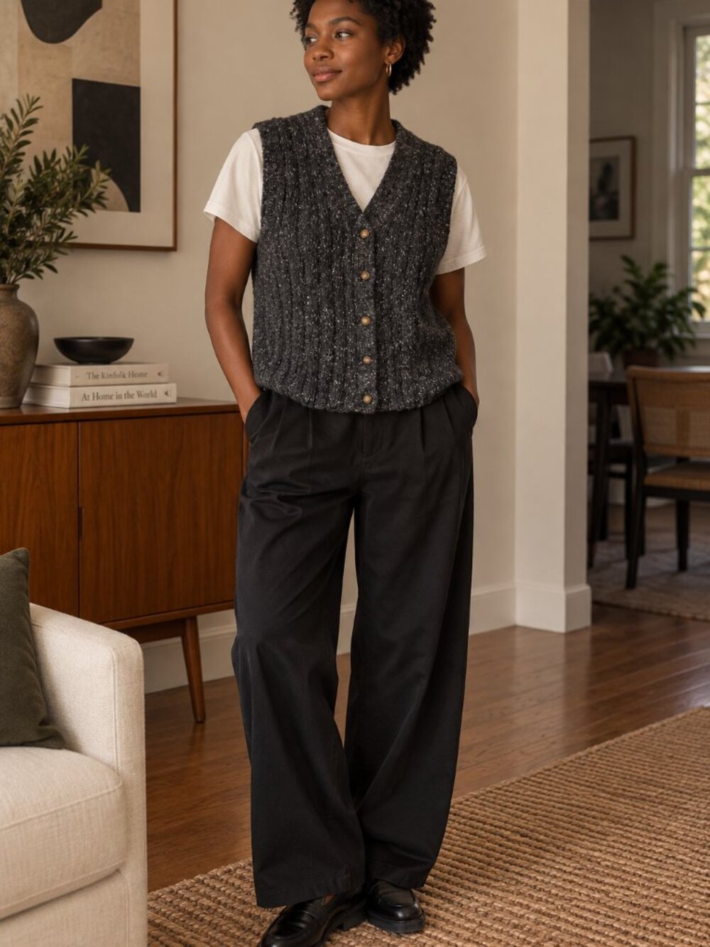 Baxter Wells Chunky Knit Sweater Vest Charcoal Grandpa Button Front M ✨